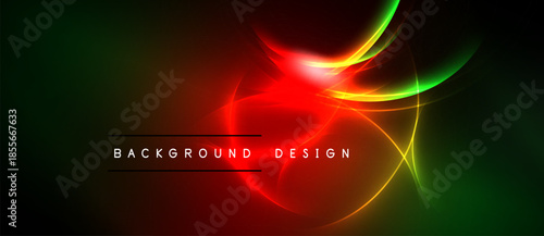 Abstract design features vibrant red, green glows against black backdrop. Swirling light creates dynamic visual effect. Text reads background design.