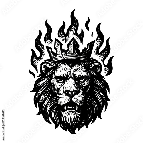 Majestic lion with fiery crown and flames illustration.