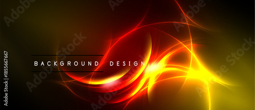 Abstract vibrant energy flows. Red, orange, yellow hues blend into dark background. Dynamic design evokes motion, warmth.