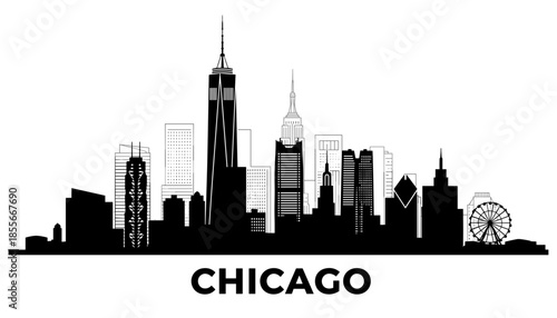 A black and white silhouette of the Chicago skyline featuring iconic skyscrapers and a Ferris wheel.