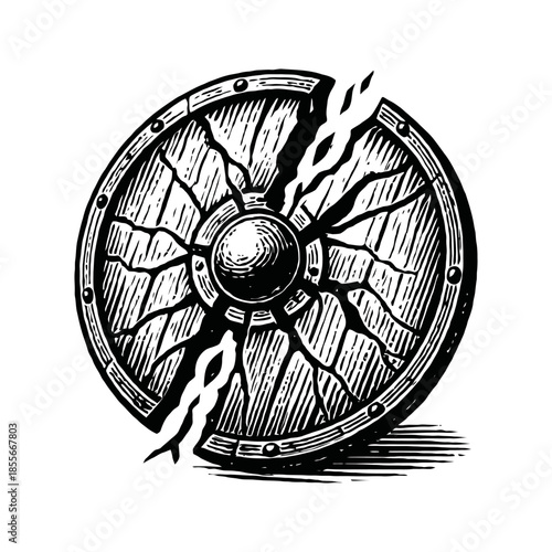 Cracked viking shield engraved with norse patterns and lightning.