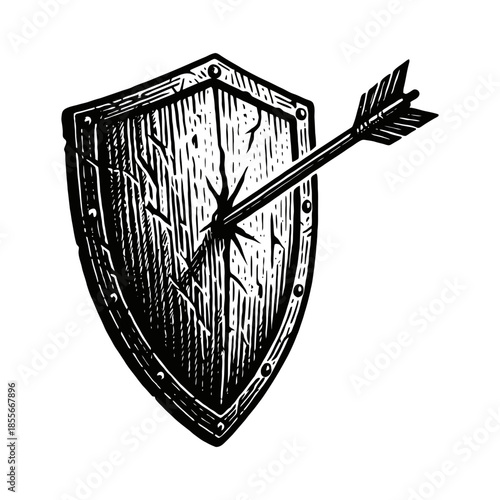 Hand-drawn wooden shield with arrow illustration.