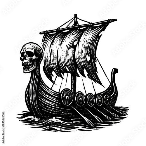 Viking longship with skull prow and tattered sails on rough seas.