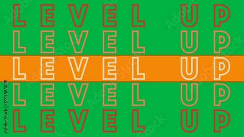 Animation of level up text in red, orange and white letters over orange stripe on white background