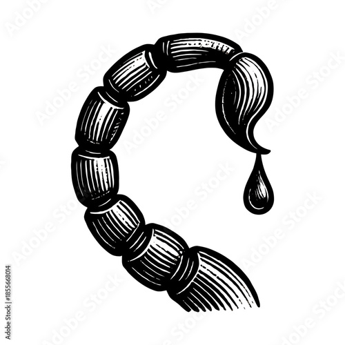 Black and white scorpion tail with dripping venom in vintage style.