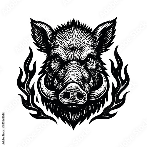 Intricate wild boar head with flames in monochrome art design.