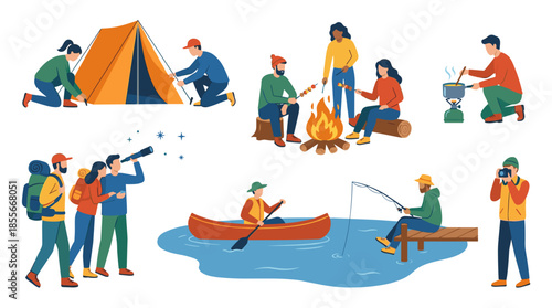 People enjoying various outdoor leisure activities like camping, hiking, fishing, and canoeing in nature.