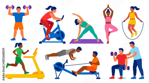Diverse group of people engaged in various fitness activities and exercises in a bright, stylized illustration.