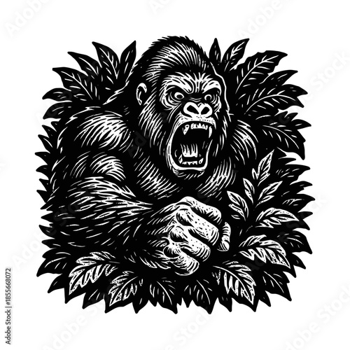 Fierce gorilla illustration with tropical jungle background in black and white.