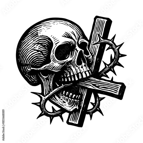 Skull with thorned cross in intricate black and white design.