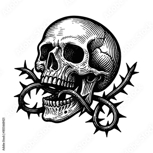 Skull with thorny rose vine in teeth - intricate monochrome design.
