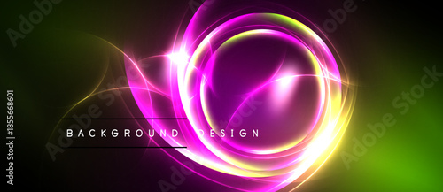 Vibrant neon circles radiate against dark backdrop. Green, yellow, purple hues blend creating dynamic visual effect. Modern design element.