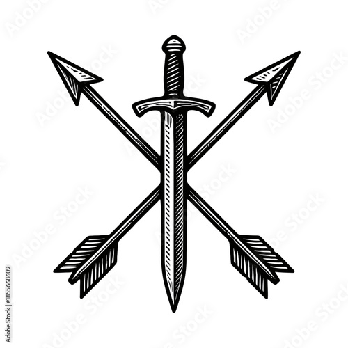 Crossed sword and arrows emblem with intricate line art design.