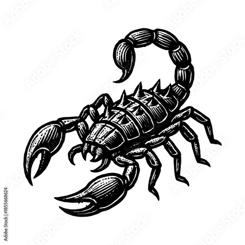 Detailed vintage scorpion drawing in black ink on white background.