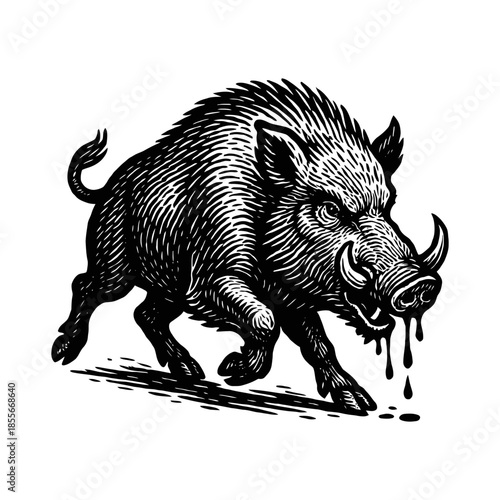 Black and white wild boar illustration with detailed fur and aggressive stance.