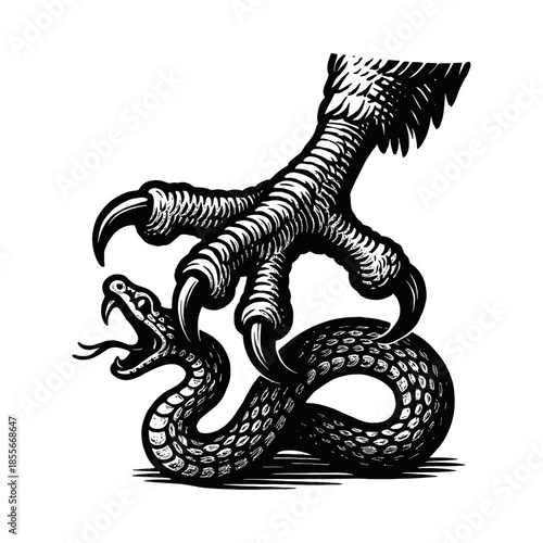 Eagle talon grasping snake: monochrome wildlife illustration.