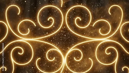 Golden Ornate Swirls and Glitter on Dark Background.