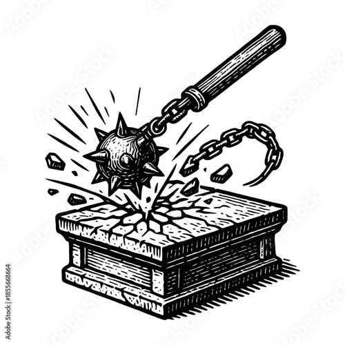 Spiked flail breaking stone platform with impact and debris.