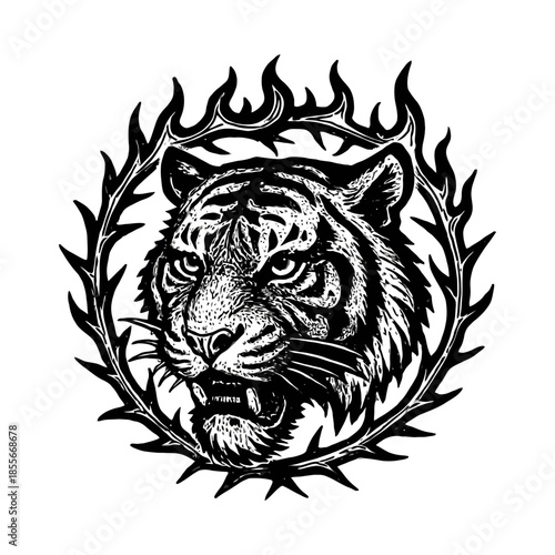 Ferocious tiger head encircled by tribal flames in black and white art.
