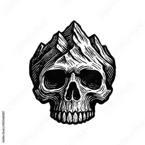 Intricate mountain-skull fusion line art with detailed engraving.