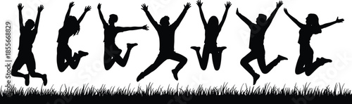 Jumping silhouette, joyful people, raised arms, black figures, white background, celebration pose, outdoor energy, unity gesture, freedom motion, grassy base