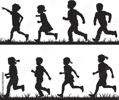 Running children, silhouette pose, playful motion, grass activity, expressive movement, vector kids, black shapes, outdoor energy, child gesture, dynamic stance