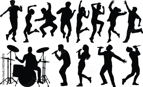 Dance silhouettes, music performers, drummer pose, microphone singers, expressive movement, entertainment vibe, vector people, black shapes, stage energy, cultural art