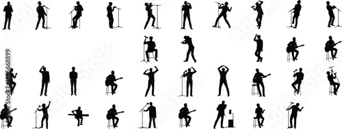 Black silhouette singers and musicians performing, people singing with microphone and guitar, concert artist poses, music performance vector illustration 