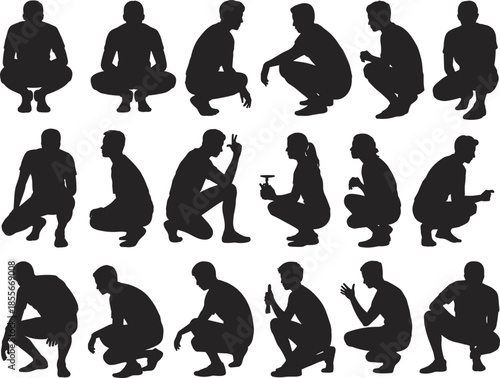 Squatting silhouette poses, crouching figures, human posture study, black vector art, gesture variety, realistic motion, minimal design, seated stance