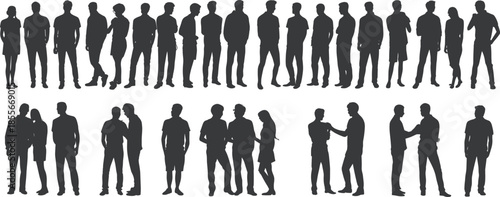 Social interaction silhouettes, group dynamics, body language poses, black vector art, minimal design, communication theme, gesture variety