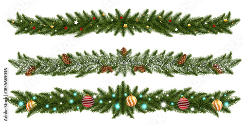 A realistic set of fir branches decorated with colorful garlands and toys