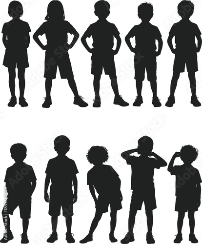 Children silhouette, standing kids, expressive posture, black figures, white background, body language, hand gestures, group pose, educational theme, comparison study