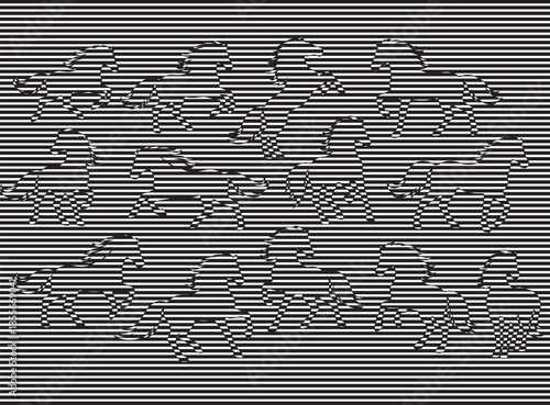 Abstract optical illusion artwork featuring multiple running horses formed by horizontal black and white lines, kinetic motion effect, striped line art, high contrast monochrome design, op art style, 