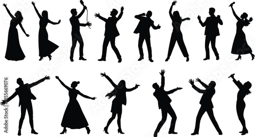 Performer silhouette set, singing poses, microphone gestures, expressive motion, black vector art, stage energy, minimal design, vocal theme