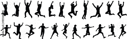 Jumping running silhouettes, dynamic motion, expressive pose, athletic gesture, vector people, black shapes, energy stance, movement art, action vibe, physical activity