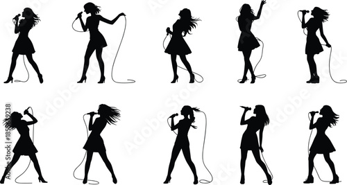 Female,singer,silhouettes,with,microphone,cable,dancing,and,performing,on,stage,stylish,women,in,dresses,black,vector,illustration,music,art,set
