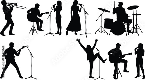Musician silhouette, live band, musical performance, black figures, white background, guitar, drums, trombone, singing, concert energy, expressive pose