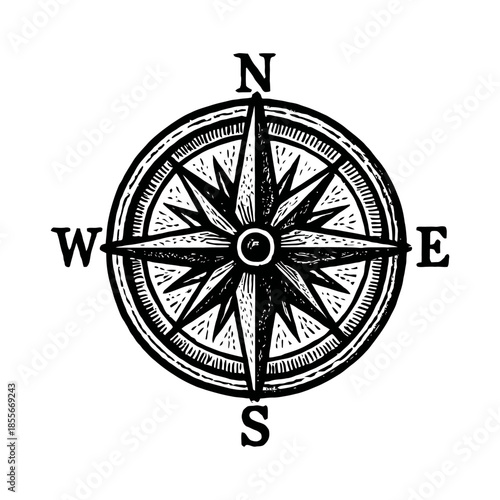 Vintage compass rose illustration with north, south, east, west directions.
