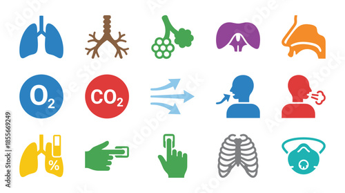 Collection of icons representing the human respiratory system, breathing, and related medical concepts.