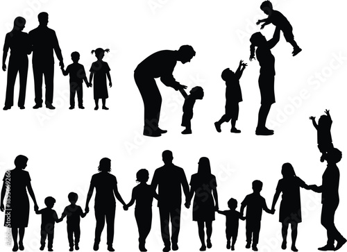 Family silhouettes, parent child pose, bonding gesture, togetherness art, vector people, black shapes, caring stance, group interaction, emotional connection, unity vibe