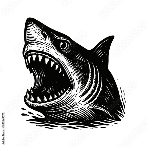 Aggressive shark illustration with open jaw and sharp teeth.