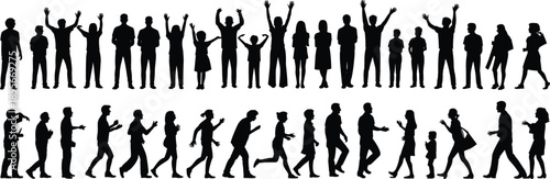 Silhouetted people, diverse poses, walking figures, gesturing silhouettes, human motion, vector crowd, expressive stance, black shapes, activity illustration, posture variety