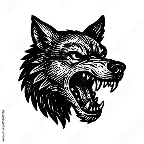 Fierce howling wolf head illustration with sharp teeth.