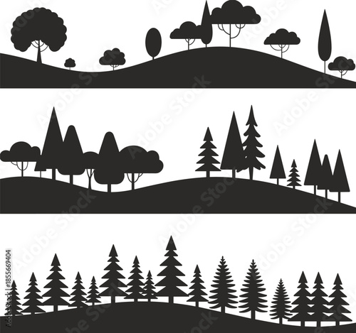 Forest silhouette panels, tree variety, conifer deciduous mix, landscape vector art, black nature shapes, minimal design, environmental theme