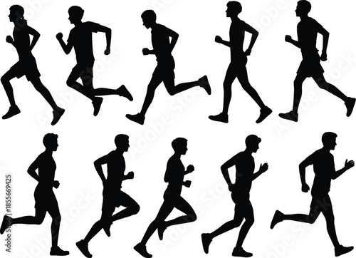 Running silhouettes set, men and women jogging, fitness training, marathon athletes, active lifestyle, sport motion illustration isolated on white background