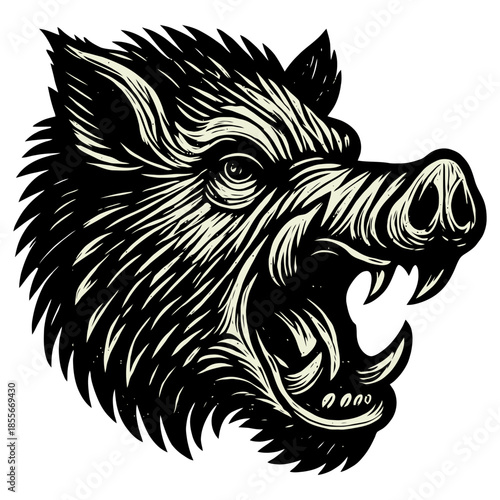 Fierce wild boar head illustration with intricate details.