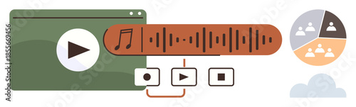 Media player window with play button, audio waveform, playback icons, user distribution chart, and cloud design. Ideal for media streaming, content sharing, audience analysis, teamwork digital