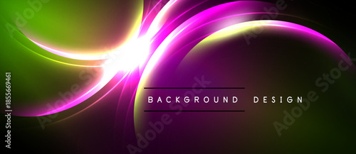 Vibrant abstract design. Glowing curves blend green, purple, yellow hues. Dark background emphasizes bright central burst. Modern, dynamic composition.