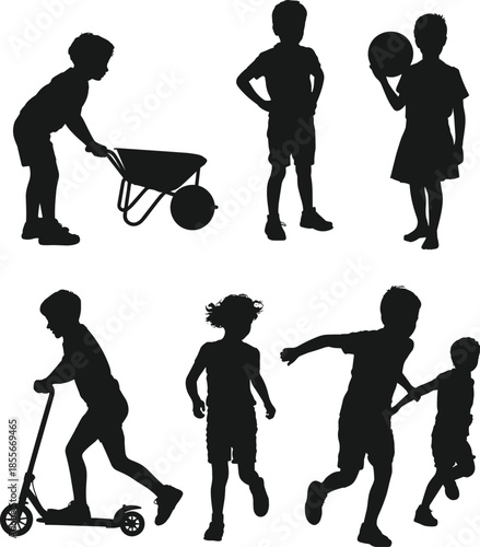 Children silhouette activity poses, playful motion, black vector art, dynamic gesture, minimal design, childhood movement, outdoor theme