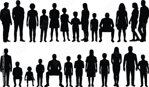 Large, family, group, silhouettes, adults, and, children, standing, together, multigenerational, people, posing, community, unity, relatives, crowd, parents, kids, family, concept